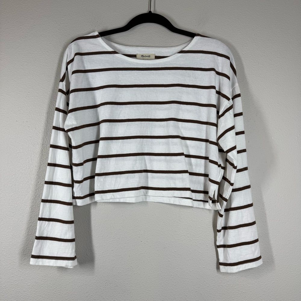 Madewell Striped SuperCrop Top Long Sleeve Shirt Brown White Preppy Medium